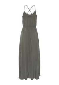Graues Maxikleid mit dünnen, gekreuzten Trägern, einem elastischen Taillenbund, fließendem Stoff und einer lässigen Silhouette. Glatte Textur, keine Muster.