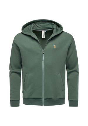 Veste à capuche verte zippée en tissu doux, avec une poche kangourou, des poignets côtelés, un ourlet, et un petit logo sur la poitrine.