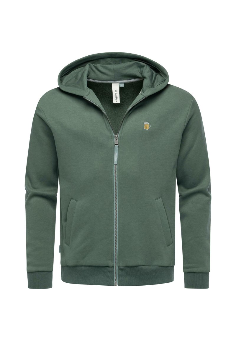 Felpa verde con zip realizzata in tessuto morbido, dotata di tasca a marsupio, polsini e orlo a costine, e un piccolo logo sul petto.