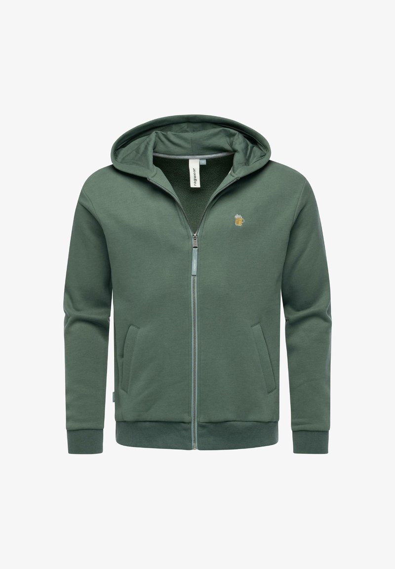 Felpa verde con zip realizzata in tessuto morbido, dotata di tasca a marsupio, polsini e orlo a costine, e un piccolo logo sul petto.