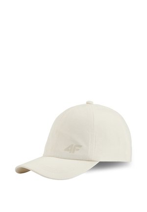 Beżowa czapka baseballowa z zakrzywionym daszkiem i małym logo "4F" z przodu, przedstawiona na białym tle.