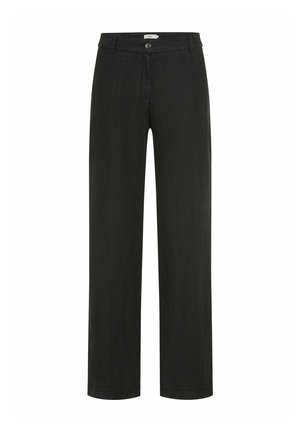 Schwarze gerade Hose mit Gürtelschlaufen und einem einzelnen Knopfverschluss am Bund, vorne auf weißem Hintergrund dargestellt.