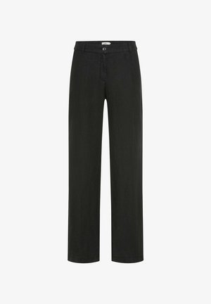 Black straight-leg trousers with belt loops and a single button closure at the waistband, displayed front-facing on a white background.