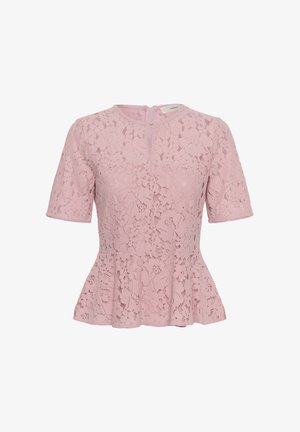 Ružová čipková blúzka s krátkym rukávom, kvetinovým vzorom a volánovým spodným okrajom, s okrúhlym výstrihom a zapínaním na gombíky vzadu.