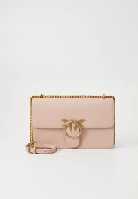 Light pink leather handbag with a gold chain strap and a decorative clasp featuring two bird designs. Smooth texture and rectangular shape.