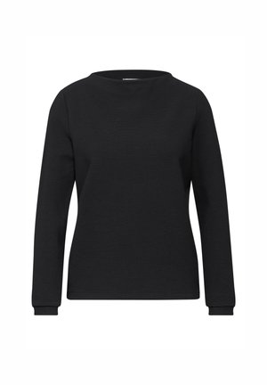 Schwarzes langärmliges T-Shirt aus weichem, strukturiertem Stoff, mit rundem Ausschnitt, eng anliegenden Bündchen und einem einfachen, klassischen Design.