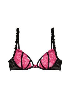 Zwart en roze kanten beugel beha met verstelbare ruchesbandjes en een klein roze strikje middenvoor.