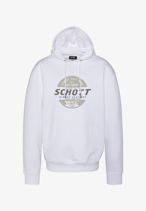 Weißer Hoodie mit einer vorderen Kängurutasche. Hat einen abgerundeten Grafikdruck mit Text in Grau und Schwarz. Zugband verstellbare Kapuze.