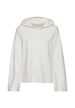 Cream-colored hooded sweatshirt with a loose fit, featuring long sleeves and a front kangaroo pocket. Includes drawstring adjustments.