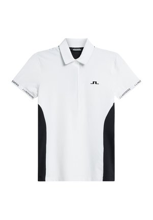 Polo bianco con pannelli laterali neri, maniche corte e colletto. Presenta un logo sul lato sinistro del petto e sulla manica. Realizzato in tessuto liscio.