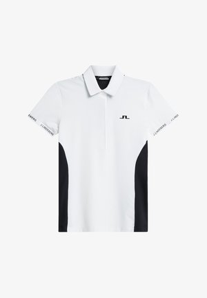 Weißes Poloshirt mit schwarzen Seitenpanelen, kurzen Ärmeln und Kragen. Mit Logo auf der linken Brust und dem Ärmel. Hergestellt aus glattem Stoff.