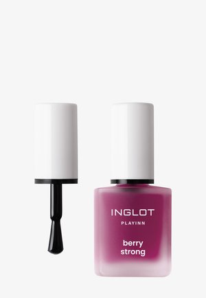 Bouteille ouverte de vernis à ongles Inglot berry strong avec un bouchon blanc et un pinceau applicateur à côté.