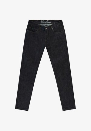 Donkere denim jeans met een aansluitend ontwerp, vijf zakken en gouden stikselaccenten. Voorzien van een knoopsluiting aan de voorkant en een merkband.