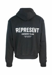 Felpa nera con cappuccio dal design cropped, con la scritta "REPRESENT OWNERS' CLUB" in grande bianco sulla schiena, polsini e orlo a costine.