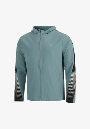 Giacca con cappuccio azzurro chiaro con cerniera frontale, caratterizzata da dettagli neri e righe sulle maniche e un logo sul petto.