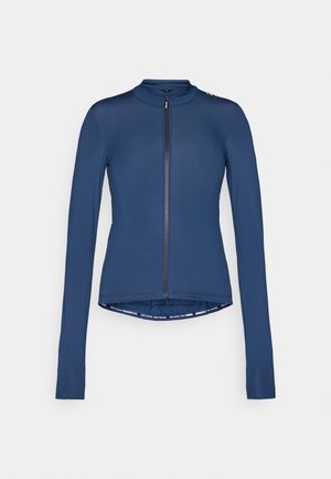 Námornícky dlhý rukáv cyklistický dres s predným zipsom, priliehavý strih, hladká tkanina, vysoký golier a detail loga na leme.