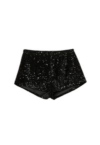 Shorts neri in paillettes con un design sagomato e testurizzato. Il tessuto presenta paillettes lucide disposte in un motivo decorativo.
