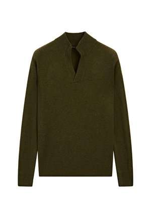 Mörk olivgrön långärmad tröja med ribbad V-halsringning och ribbade ärmslut och nederkant.