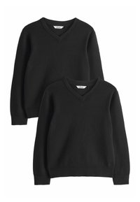 Due maglioni a V neri realizzati in un morbido materiale lavorato a maglia. Presentano polsini e orlo a costine, con etichetta visibile sulla scollatura.