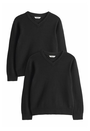 Zwei schwarze V-Ausschnitt-Pullover aus weichem Strickmaterial. Verfügen über gerippte Bündchen und Saum, mit sichtbarem Etikett am Halsausschnitt.