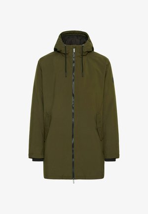 Olíva zöld parkajak, kapucnival, elülső cipzáras záródással, oldalsó zsebekkel és fekete díszítéssel a mandzsettákon. Simább, texturált szövet.