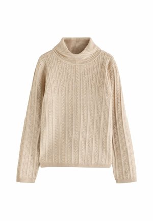 Beige kabelgebreide trui met geribde coltrui en lange mouwen, plat afgebeeld op een witte achtergrond.