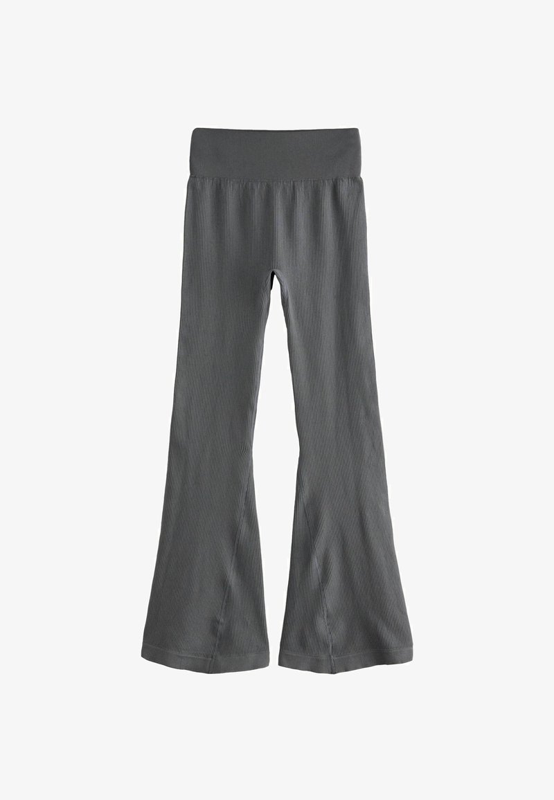 Gray ribbed flared pants with a wide elastic waistband, featuring a relaxed fit and textured fabric. No visible patterns or accents.
