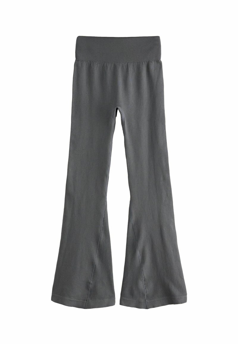 Pantaloni grigi a zampa d'elefante realizzati in tessuto a costine, caratterizzati da una vita larga ed elastica e da una superficie liscia con una vestibilità comoda.