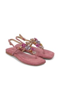 Sandales en suede rose avec un design à brides, ornées d'accents floraux embellis en violet, rose et or. Sangle de cheville ajustable incluse.