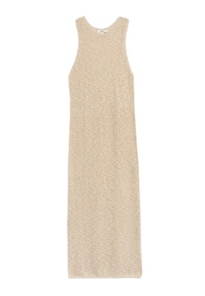 Strickkleid in hellem Beige, ärmelloses Design, mit einem strukturierten Muster. Verfügt über einen Rundhalsausschnitt und reicht bis zur Mitte der Wade.