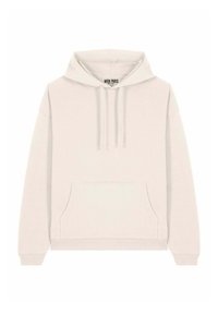 Sudadera de un suave beige claro con un amplio bolsillo frontal, puños y dobladillo acanalados, que presenta una capucha con cordón y un ajuste ceñido. Etiqueta de la marca visible en el interior.