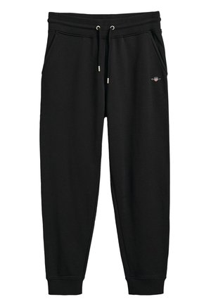 Pantaloni della tuta neri realizzati in materiale morbido, dotati di vita con cordoncino, tasche laterali, polsini a costine e un piccolo logo sulla parte frontale.
