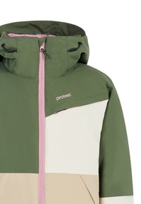 Veste color-block avec des panneaux verts, roses et crème, dotée d'un col haut et d'une capuche à cordon de serrage. Branding délicat sur la poitrine.