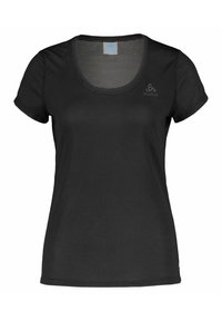 Black short-sleeve athletic shirt made of breathable mesh fabric. Features a round neckline and a subtle logo on the upper left.