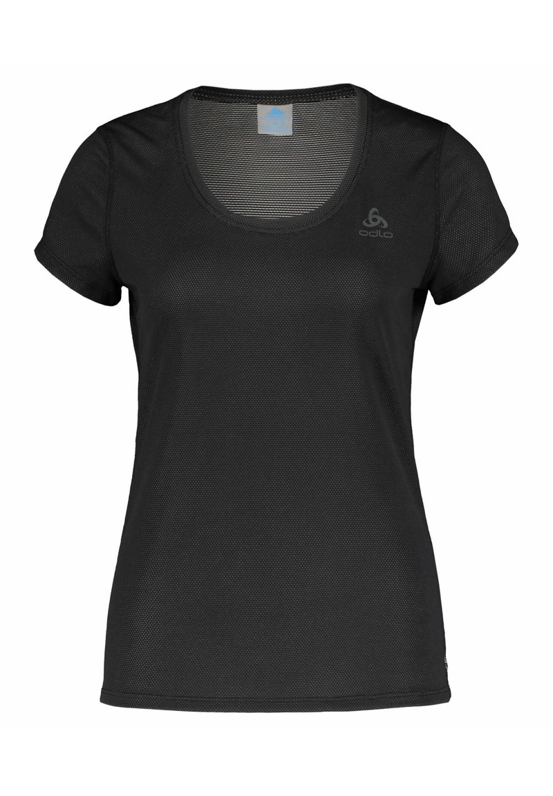 Black short-sleeve athletic shirt made of breathable mesh fabric. Features a round neckline and a subtle logo on the upper left.