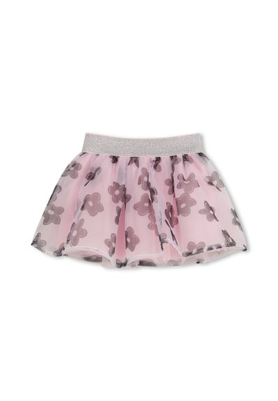 Jupe en tulle rose avec motifs floraux gris et une large ceinture élastique argentée, conçue pour un enfant.