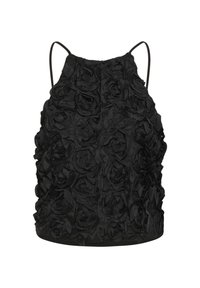 Czarna bezrękawnikowa bluzka z teksturowanym wzorem z materiałowych róż, posiadająca cienkie ramiączka i dopasowany krój. Miękka, matowa wykończenie.