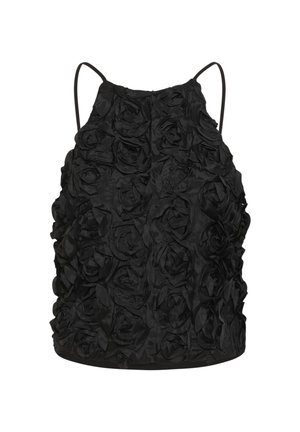 Czarna bezrękawnikowa bluzka z teksturowanym wzorem z materiałowych róż, posiadająca cienkie ramiączka i dopasowany krój. Miękka, matowa wykończenie.