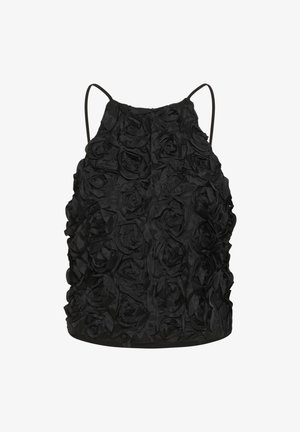 Czarna bezrękawnikowa bluzka z teksturowanym wzorem z materiałowych róż, posiadająca cienkie ramiączka i dopasowany krój. Miękka, matowa wykończenie.