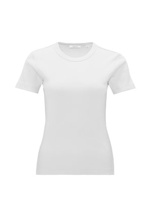 T-shirt bianca da donna a maniche corte aderente, a coste, con scollo tondo e piccola etichetta della taglia all’interno del colletto.