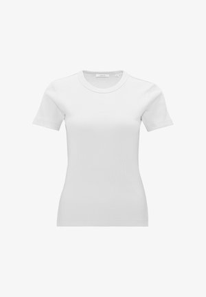 T-shirt bianca da donna a maniche corte aderente, a coste, con scollo tondo e piccola etichetta della taglia all’interno del colletto.