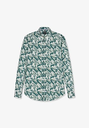 Langärmliges Hemd mit Knopfleiste, grün-weißem tropischem Blattmuster auf hellem Hintergrund, klassischem Kragen und geknöpften Manschetten.