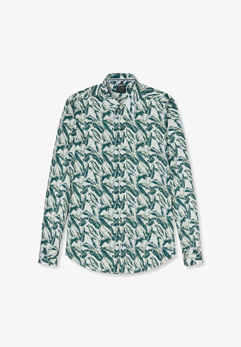 Langärmliges Hemd mit Knopfleiste, grün-weißem tropischem Blattmuster auf hellem Hintergrund, klassischem Kragen und geknöpften Manschetten.
