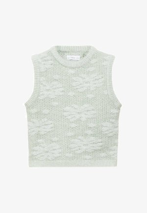 Ljusgrön, stickad ärmlös tröja med ett texturerat blommönster och rund halsringning. Mjuk material med ribbade kanter.
