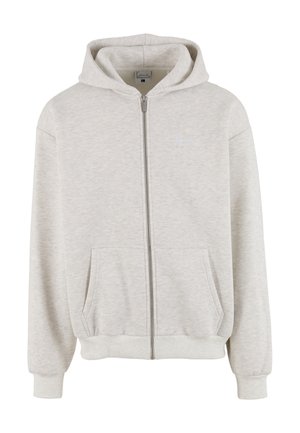 Világosszürke cipzáras pulóver elülső zsebekkel, bordázott mandzsettákkal és szegéllyel, valamint csatolt kapucnival.