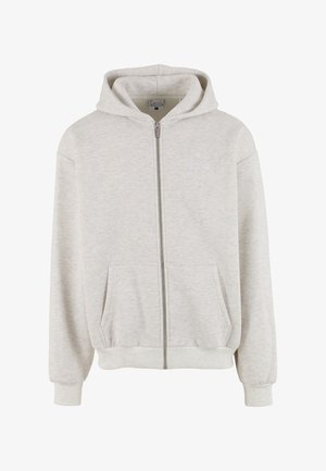 Jasnoszara bluza z kapturem zapinana na zamek błyskawiczny, z przednimi kieszeniami, ściągaczami przy rękawach i na dole oraz przyszytym kapturem.