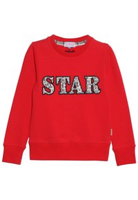 Sudadera roja con la palabra "ESTRELLA" en letras grandes y con patrón. Cuello redondo, mangas largas y puños y dobladillo acanalados. Textura suave.