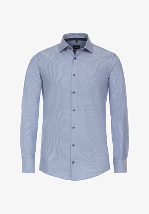 Helles blaues Langarmhemd mit kleinem Karo-Muster, Knopfleiste und klassischem Kragen. Verfügt über dunkle Knöpfe und einen abgerundeten Saum.