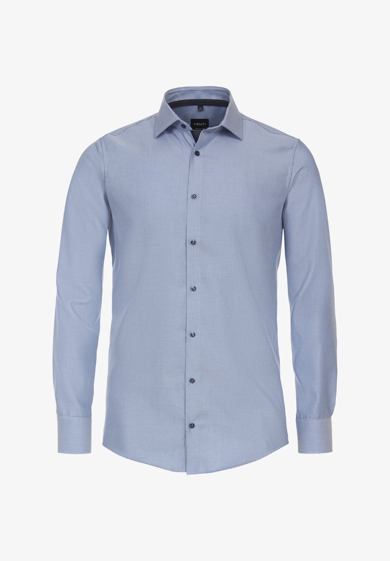 Helles blaues Langarmhemd mit kleinem Karo-Muster, Knopfleiste und klassischem Kragen. Verfügt über dunkle Knöpfe und einen abgerundeten Saum.