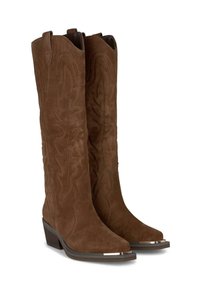 Stivali da cowboy in suede marrone con stivale alto, punta affilata e cuciture decorative. Presentano un tacco basso e impilato e un accento metallico sulla punta.
